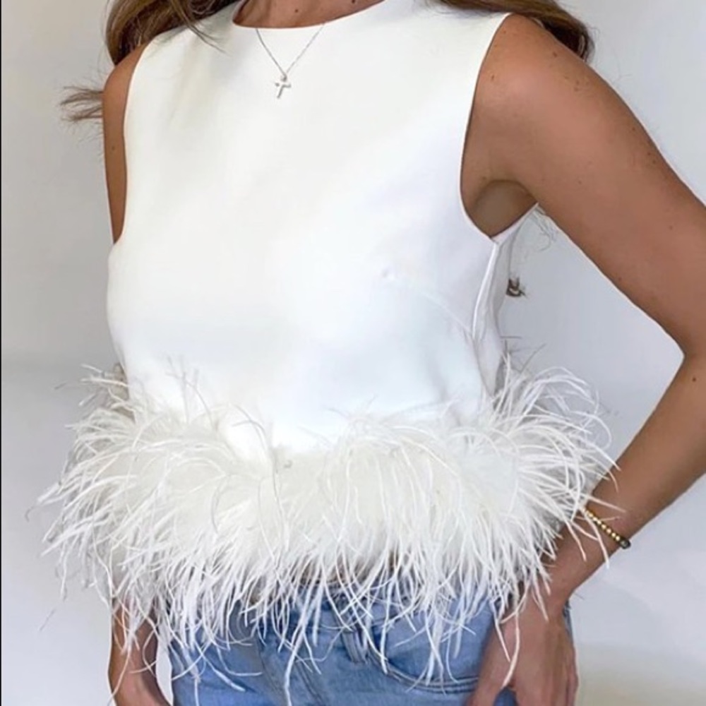 Putting On The Ritz Feather Trim White Top - Picture 4 of 16